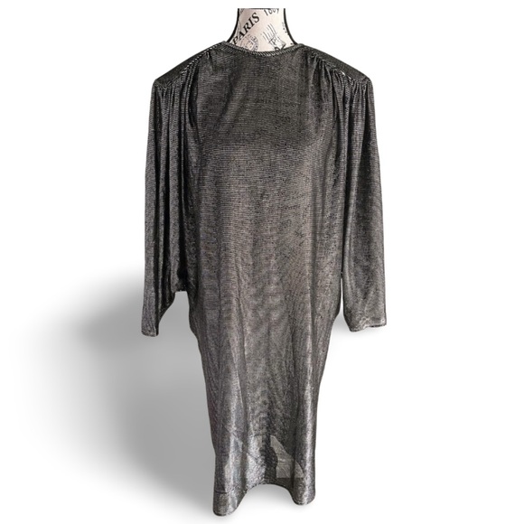 Vintage 80s Miss Renfrew Indie Disco Glam Rock Silver Mesh Dolman Sleeves Dress - Picture 2 of 7